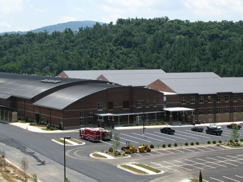 Aerial View of Maxima Curved Metal Roof on High School
